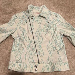White jean jacket w/ teal Aztec pattern